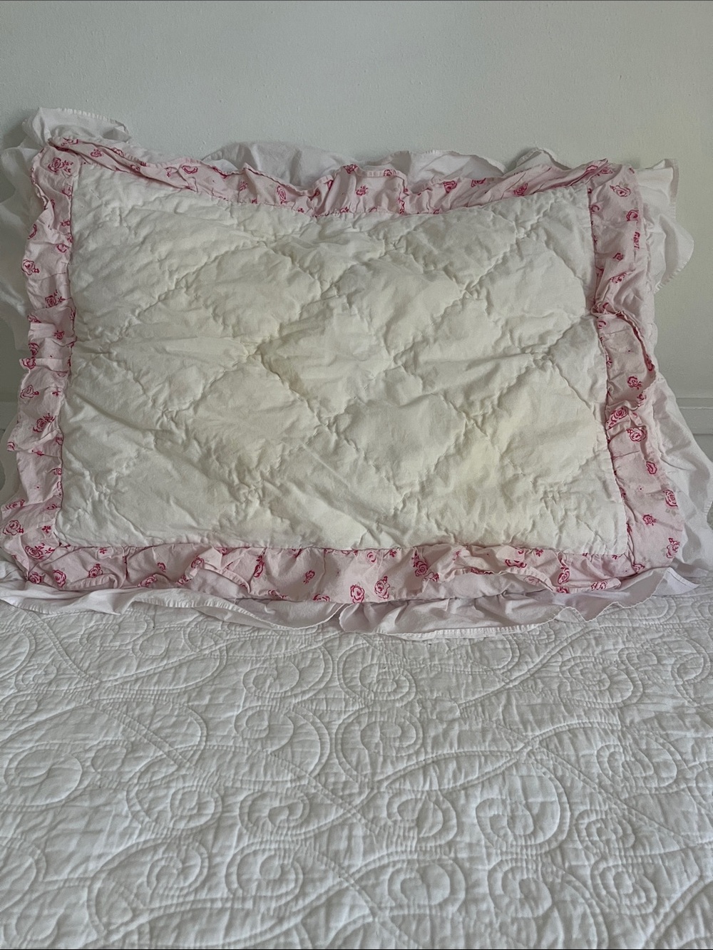 2 Simply Shabby Chic White Quilted Pillow Shams with Pink Ruffle Trim